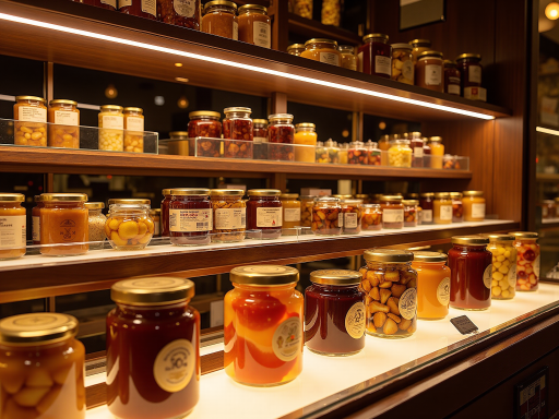 食品包装展示,各种进口食品整齐摆放在货架上,包装精美,标签详细
